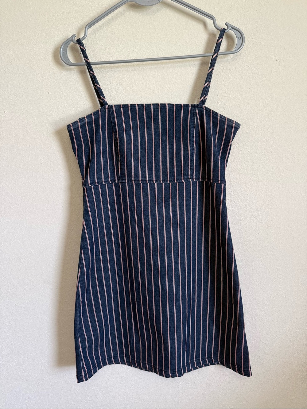 Altar’s State Navy Striped Square-Neck Mini Dress with Pink Pinstripes